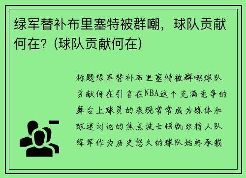 绿军替补布里塞特被群嘲，球队贡献何在？(球队贡献何在)