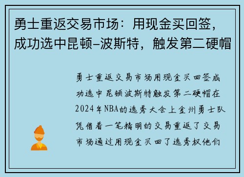 勇士重返交易市场：用现金买回签，成功选中昆顿-波斯特，触发第二硬帽