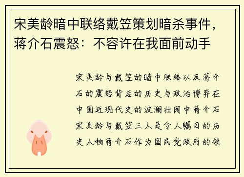 宋美龄暗中联络戴笠策划暗杀事件，蒋介石震怒：不容许在我面前动手