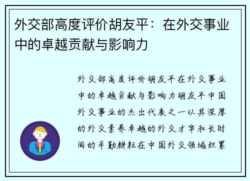 外交部高度评价胡友平：在外交事业中的卓越贡献与影响力