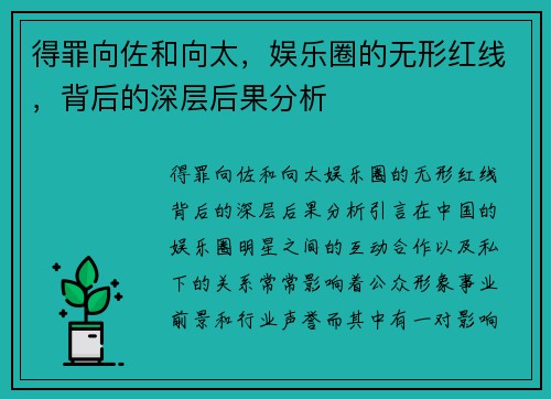 得罪向佐和向太，娱乐圈的无形红线，背后的深层后果分析