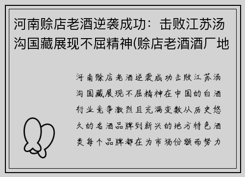 河南赊店老酒逆袭成功：击败江苏汤沟国藏展现不屈精神(赊店老酒酒厂地址)