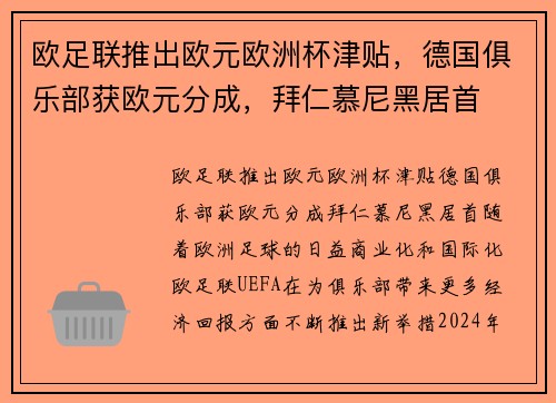 欧足联推出欧元欧洲杯津贴，德国俱乐部获欧元分成，拜仁慕尼黑居首