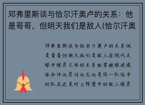 邓弗里斯谈与恰尔汗奥卢的关系：他是哥哥，但明天我们是敌人(恰尔汗奥卢对比埃里克森)
