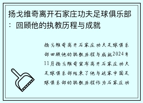 扬戈维奇离开石家庄功夫足球俱乐部：回顾他的执教历程与成就