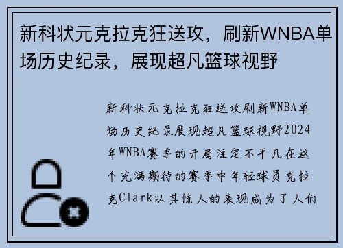 新科状元克拉克狂送攻，刷新WNBA单场历史纪录，展现超凡篮球视野