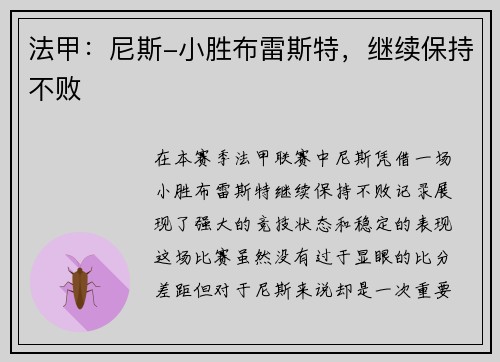 法甲：尼斯-小胜布雷斯特，继续保持不败