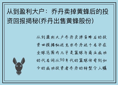 从到盈利大户：乔丹卖掉黄蜂后的投资回报揭秘(乔丹出售黄蜂股份)