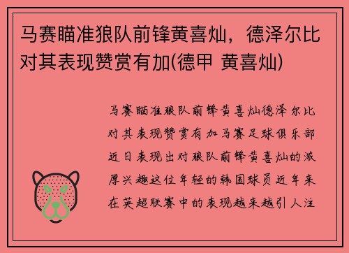 马赛瞄准狼队前锋黄喜灿，德泽尔比对其表现赞赏有加(德甲 黄喜灿)
